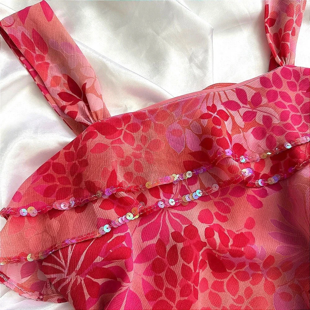 Mixit Womens Pink Orange Floral Sequin Ruffle Camisole Tank Top Small Y2K